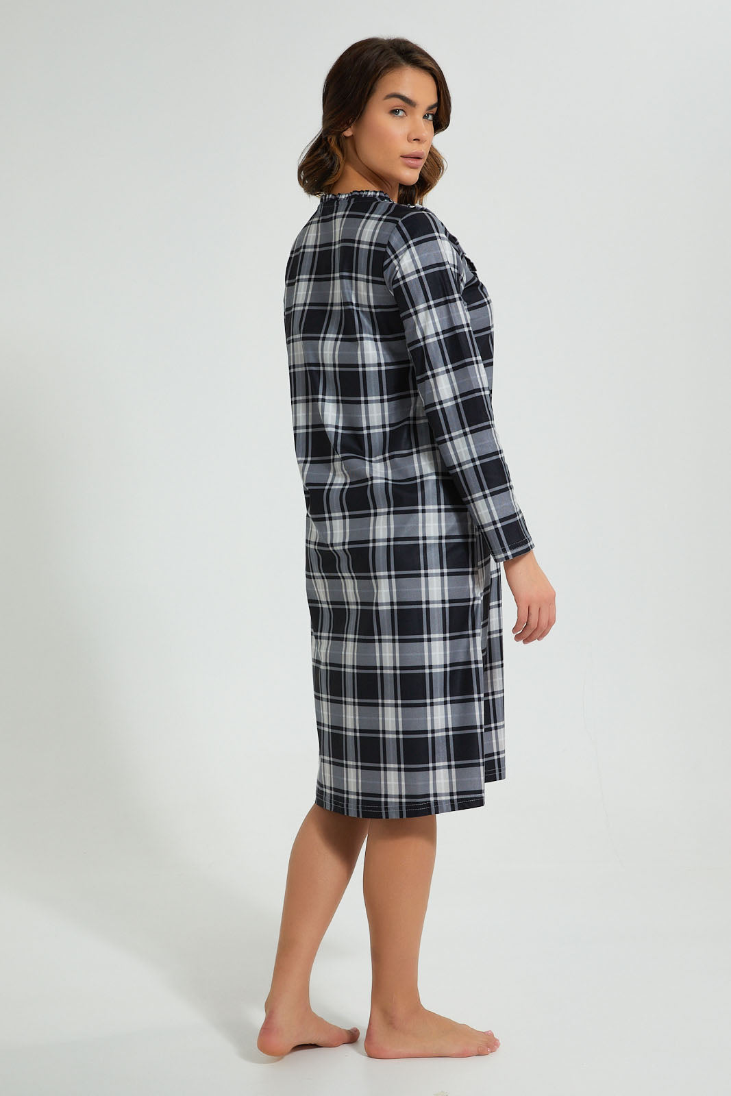 Redtag-White/Black-Flannel-Yarn-Dyed-Nightgown-Nightgowns-Women's-