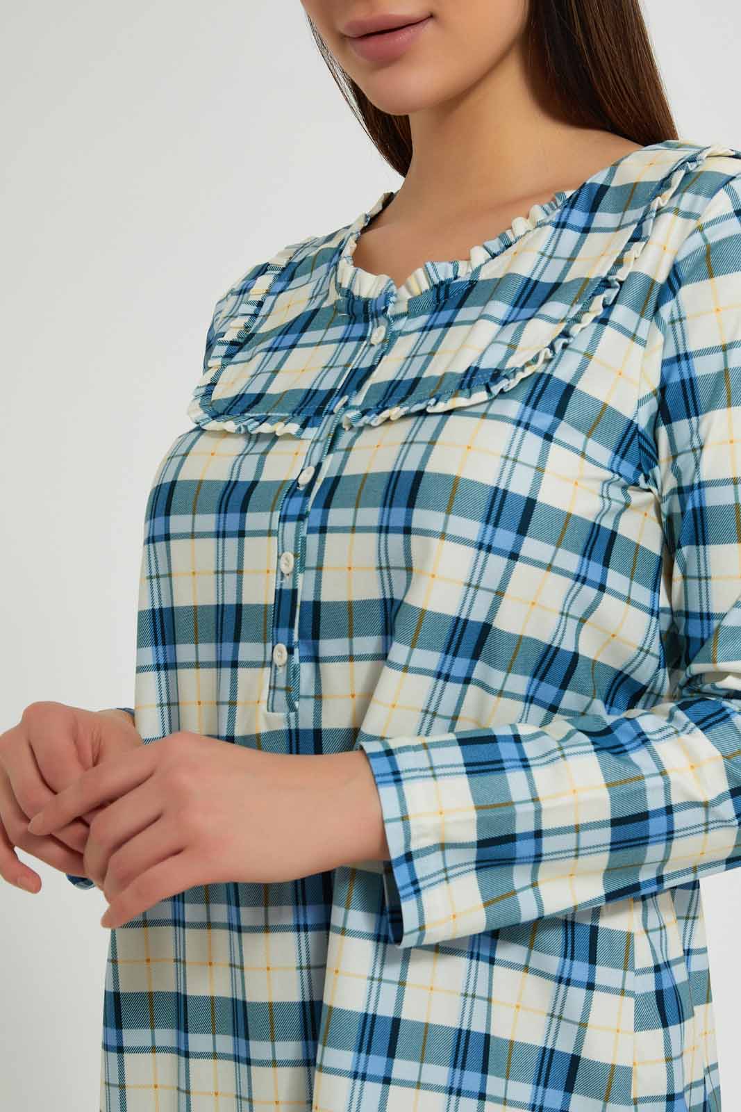 Redtag-White/Blue-Flannel-Yarn-Dyed-Nightgown-Nightgowns-Women's-0