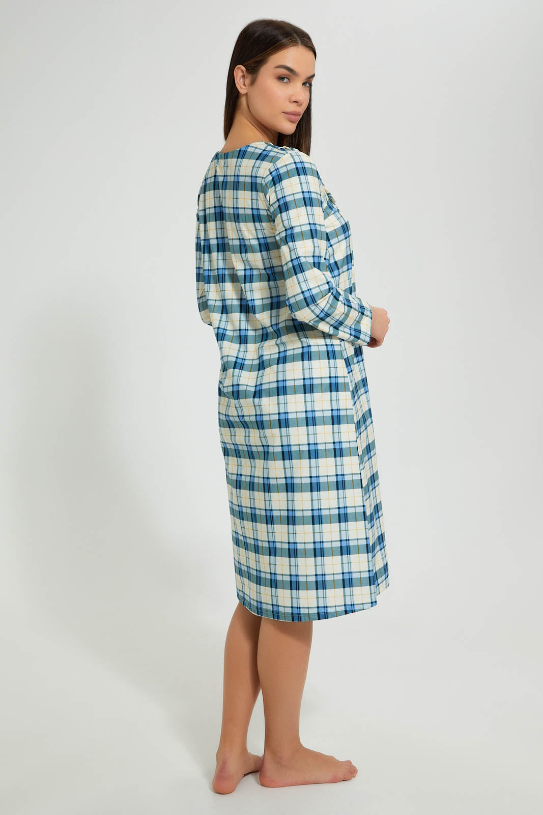 Redtag-White/Blue-Flannel-Yarn-Dyed-Nightgown-Nightgowns-Women's-0