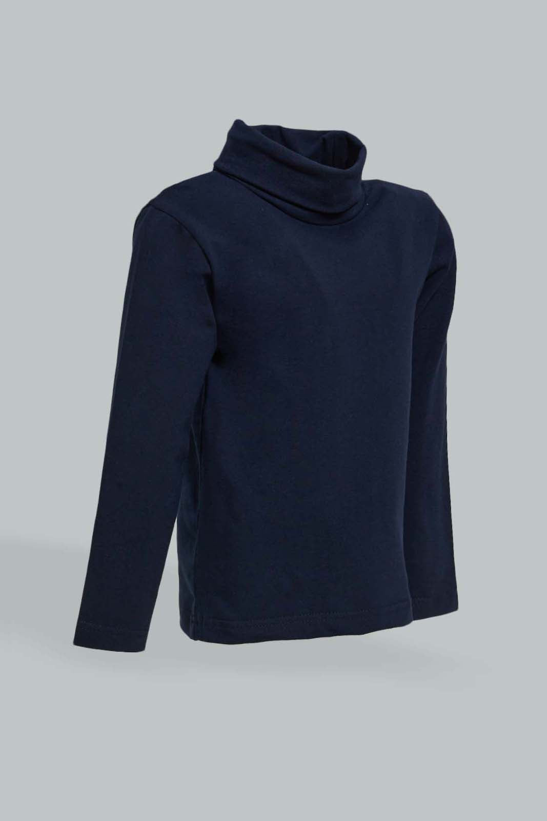 Redtag-Navy-High-Neck-Tshirt-Long-Sleeves-Infant-Boys-3 to 24 Months