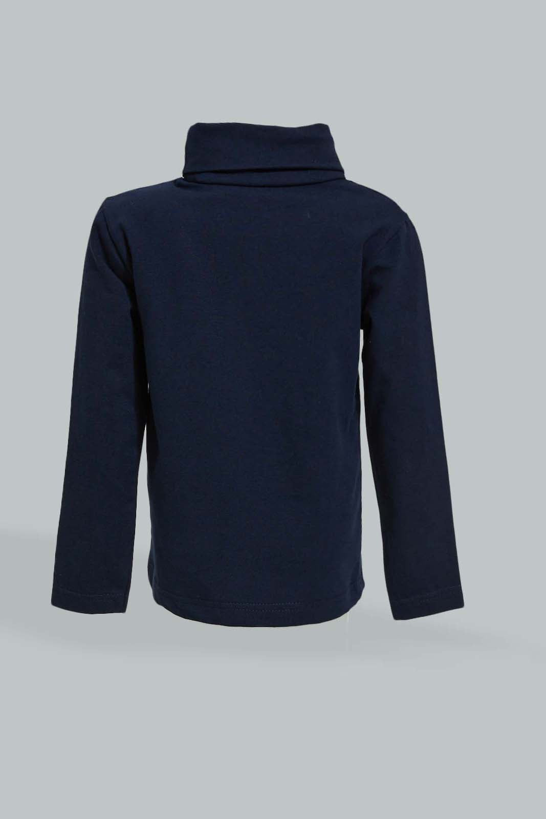 Redtag-Navy-High-Neck-Tshirt-Long-Sleeves-Infant-Boys-3 to 24 Months