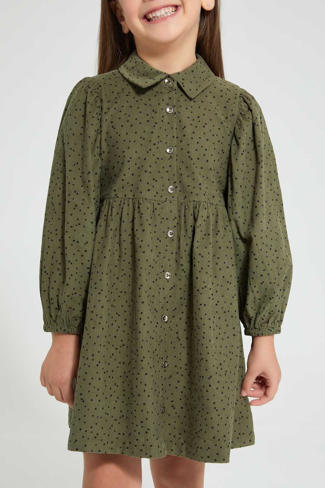 Redtag-Olive-Polka-Dot-Dress-Dresses-Girls-2 to 8 Years