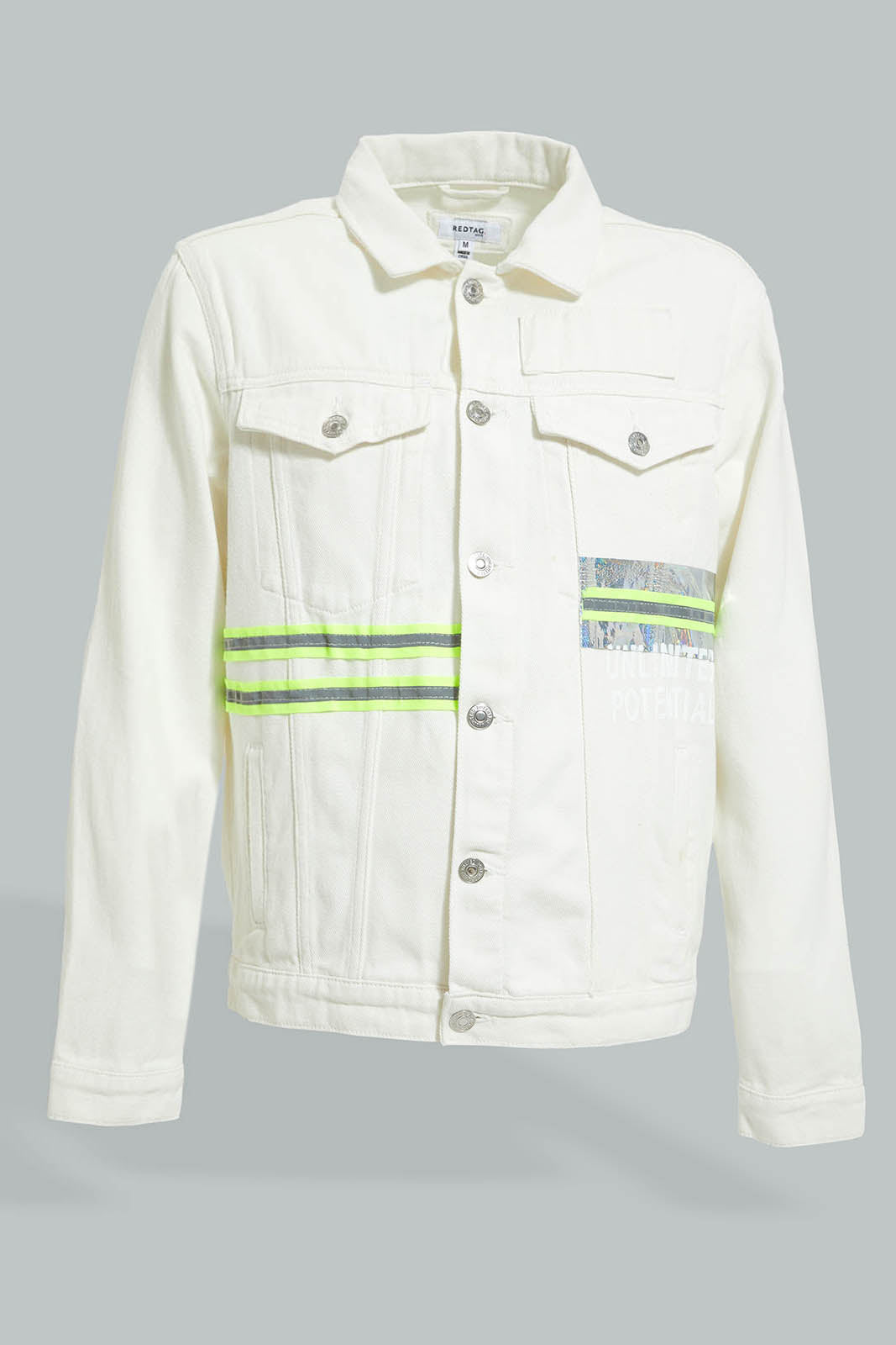 Redtag-White-Denim-Jacket-With-Reflective-Tape-Colour:White,-Filter:Men's-Clothing,-Men-Jackets,-New-In,-New-In-Men,-Non-Sale,-Section:Men,-W21B-Men's-