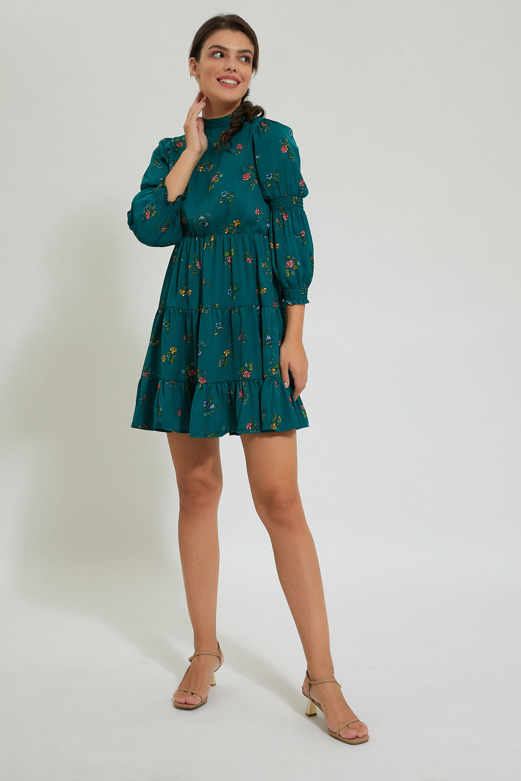 Teal Printed Tiered Dress
