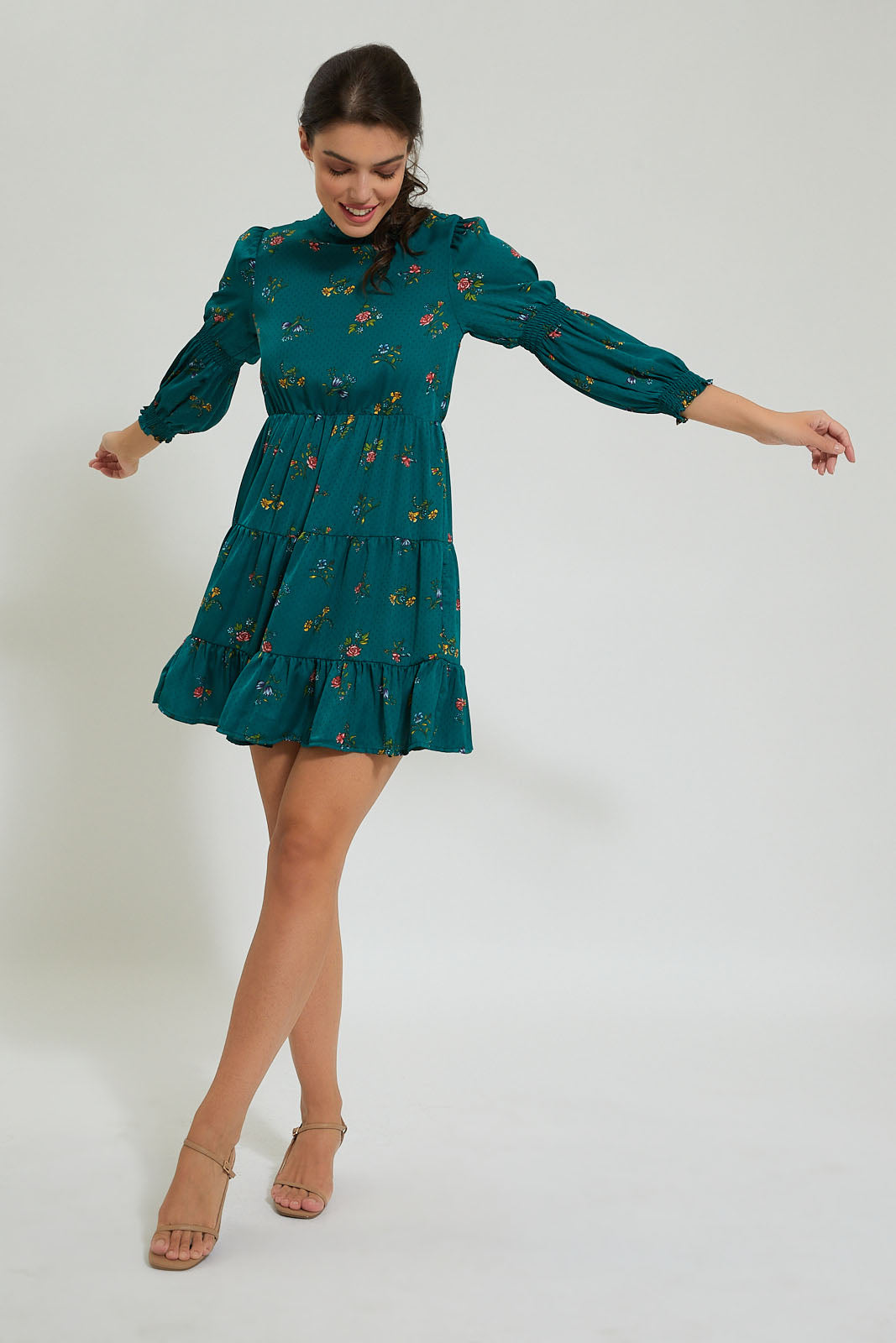 Teal Printed Tiered Dress