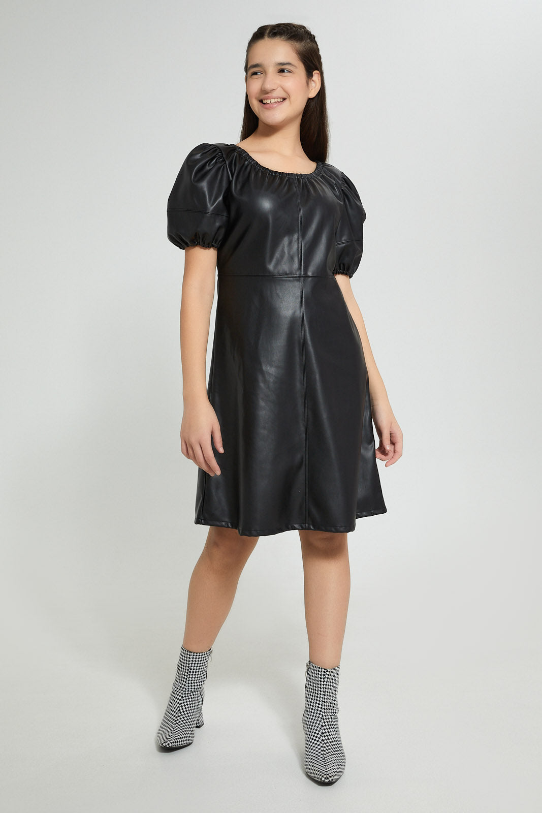 Redtag-Black-Pu-Dress-Dresses-Senior-Girls-9 to 14 Years