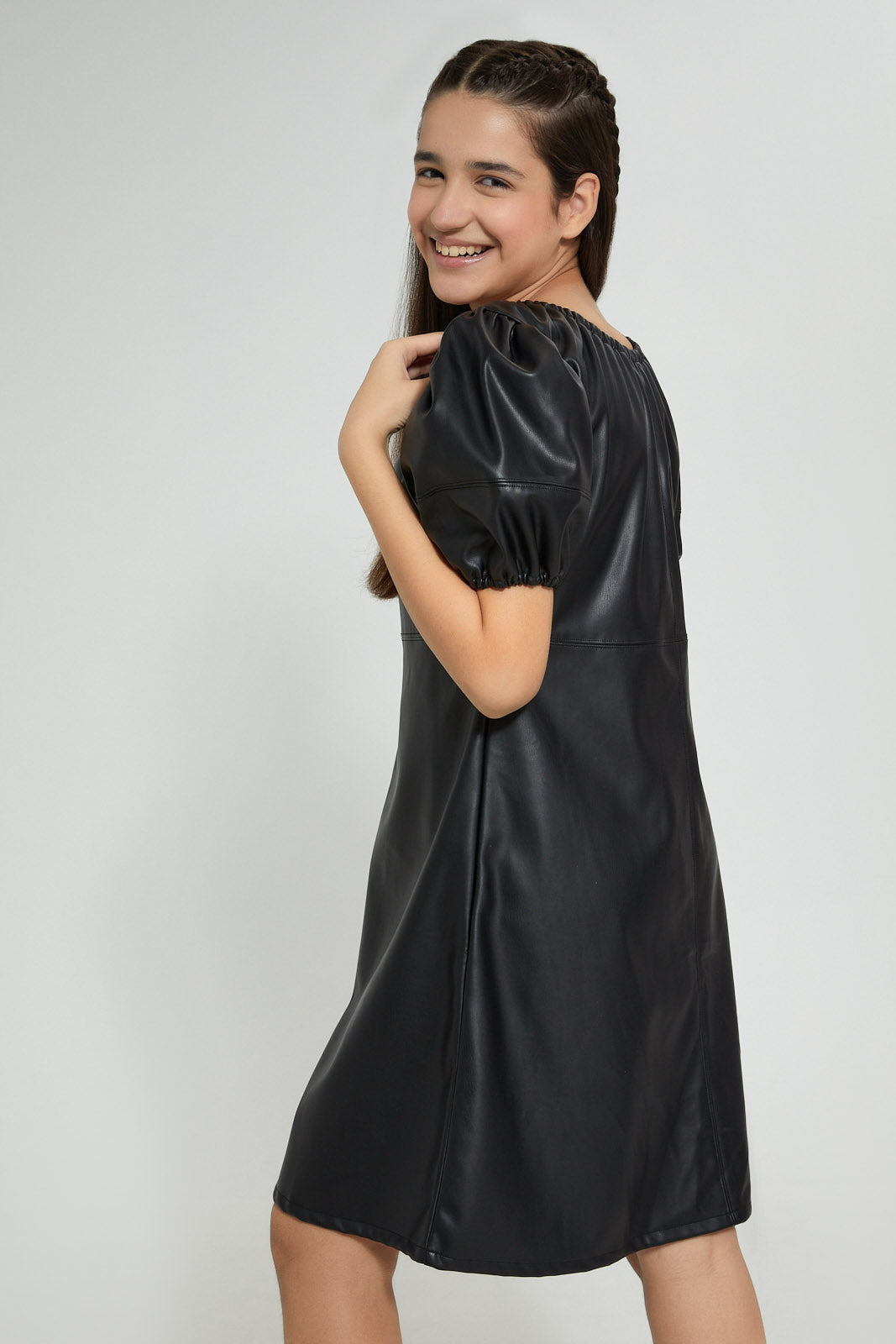 Redtag-Black-Pu-Dress-Dresses-Senior-Girls-9 to 14 Years