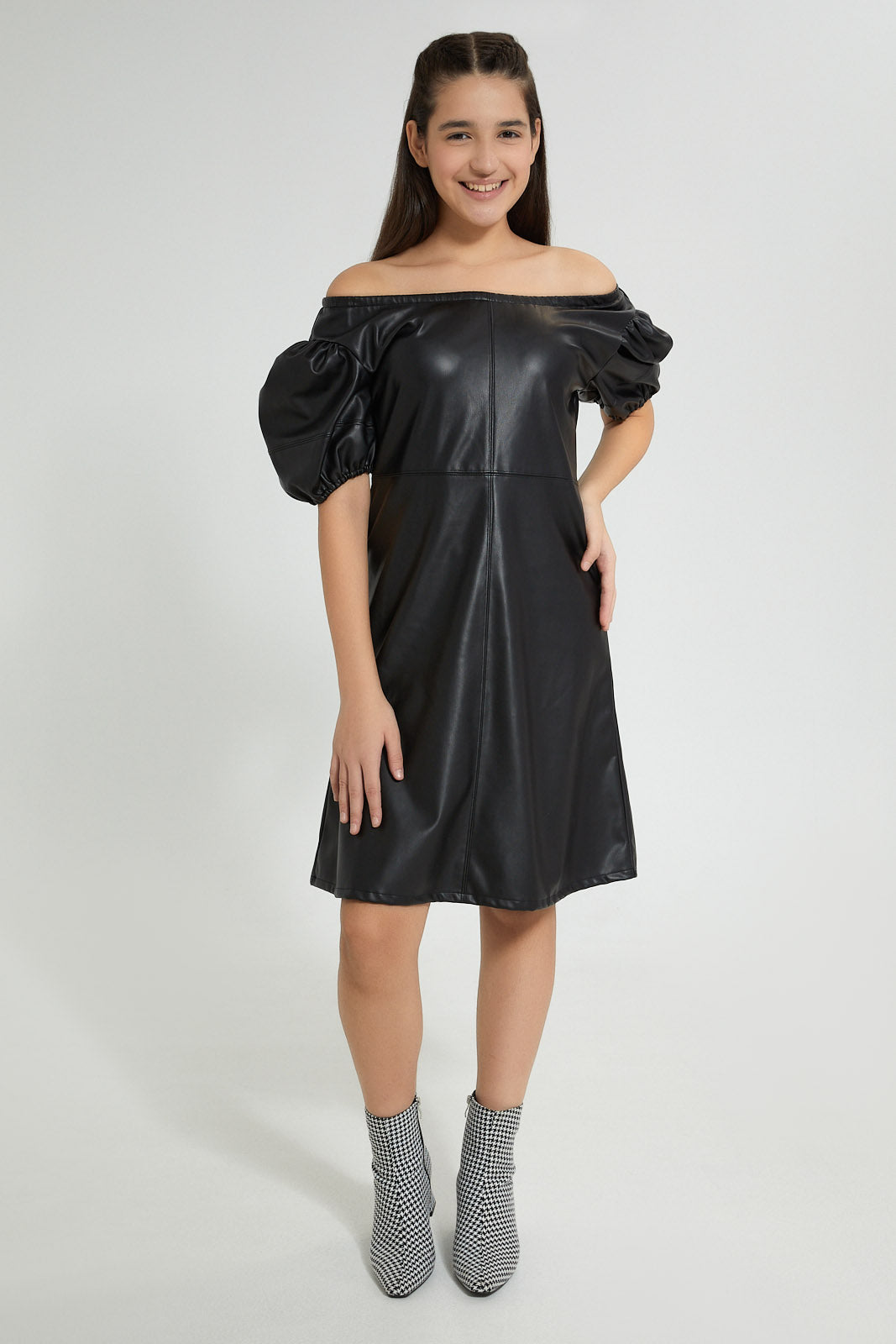 Redtag-Black-Pu-Dress-Dresses-Senior-Girls-9 to 14 Years