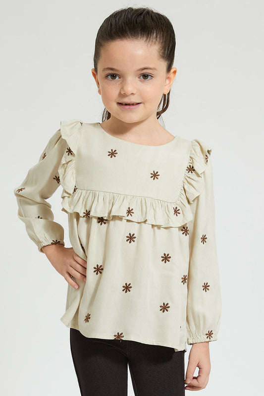 Girls Beige Embroidered Blouse