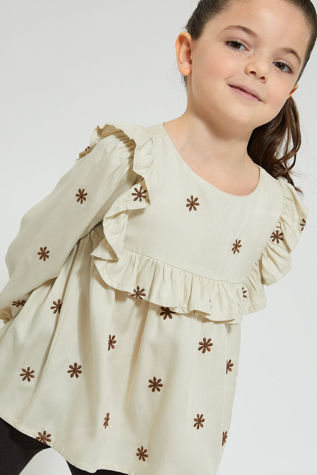Girls Beige Embroidered Blouse
