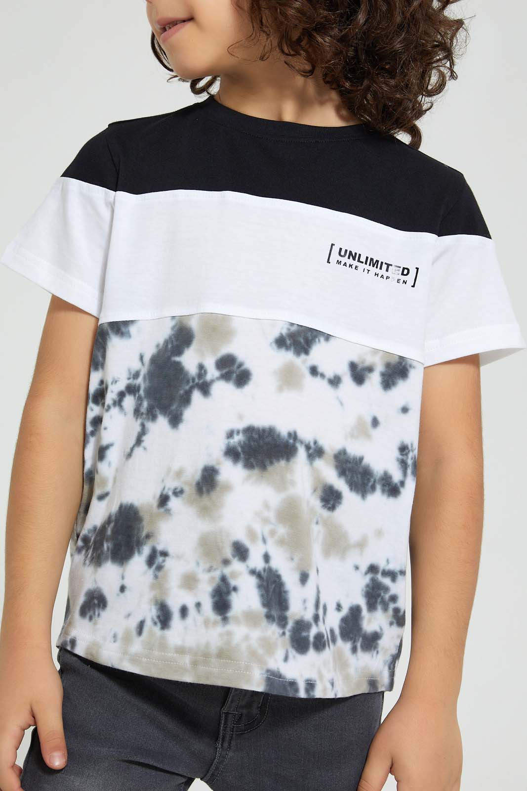 Redtag-Black/White-Panelled-Splat-Print-T-Shirt-Cut-And-Sewn-Boys-2 to 8 Years