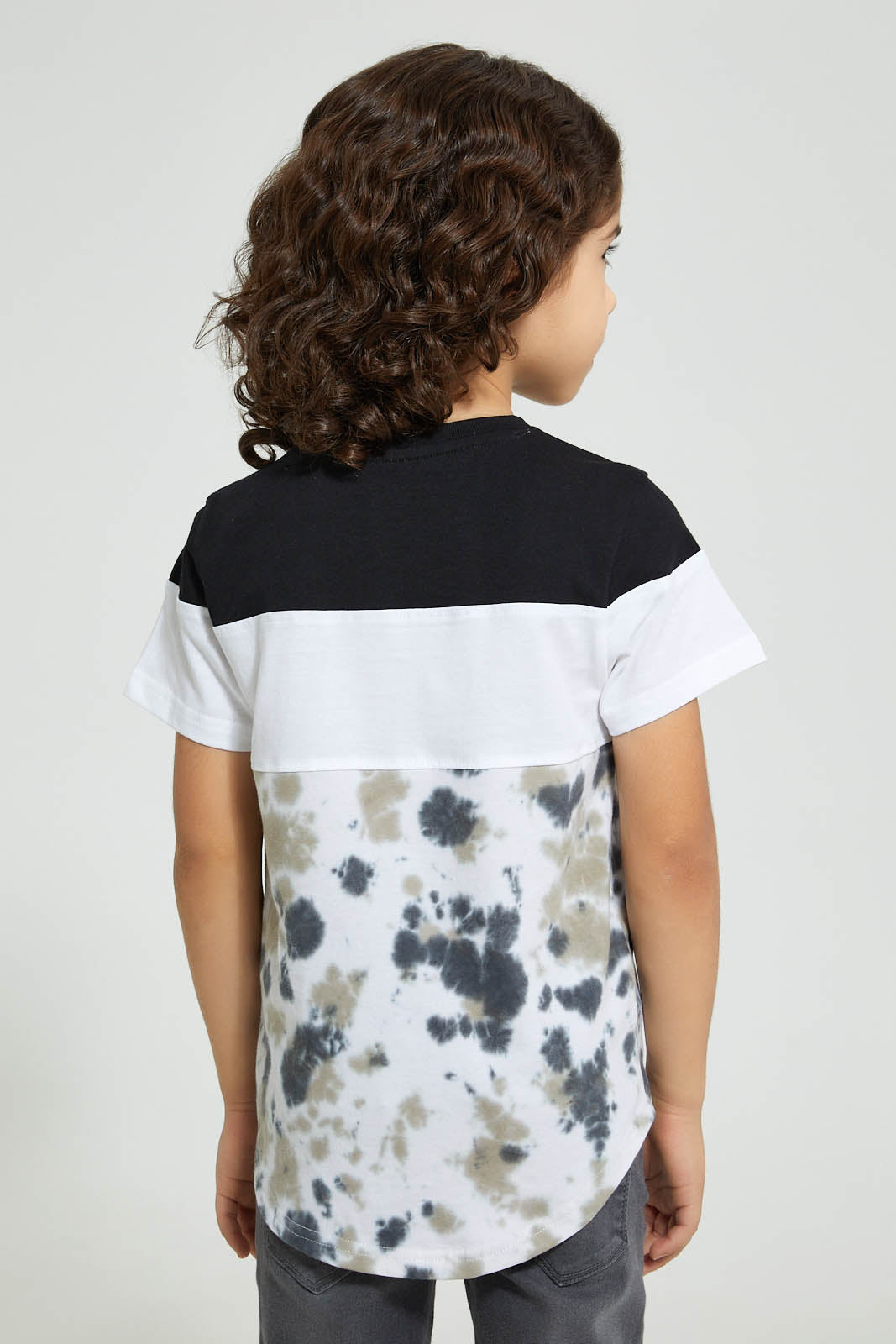 Redtag-Black/White-Panelled-Splat-Print-T-Shirt-Cut-And-Sewn-Boys-2 to 8 Years