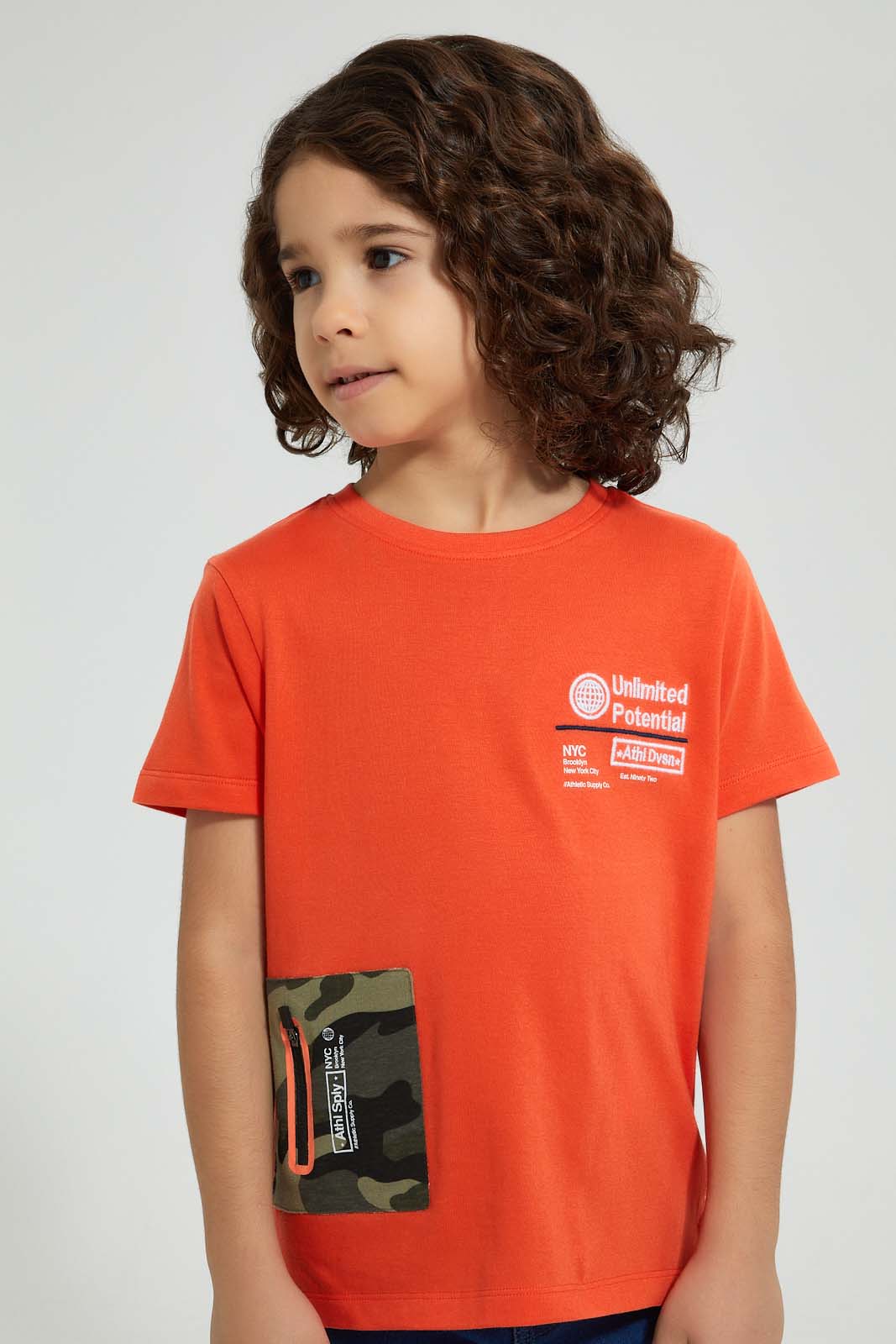 Redtag-Red-T-Shirt-With-Printed-Zipper-Graphic-Prints-Boys-2 to 8 Years