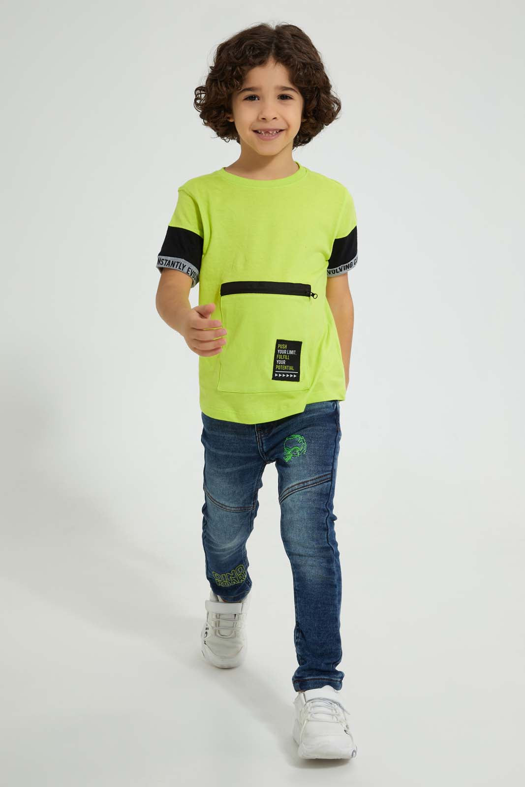 Redtag-Lime-Green-T-Shirt-With-Zipper-Pocket-All-Over-Prints-Boys-2 to 8 Years