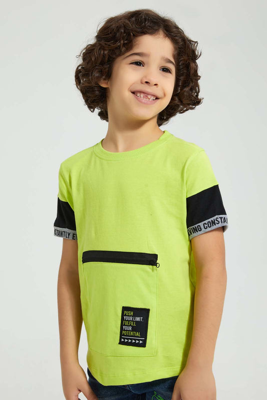Redtag-Lime-Green-T-Shirt-With-Zipper-Pocket-All-Over-Prints-Boys-2 to 8 Years