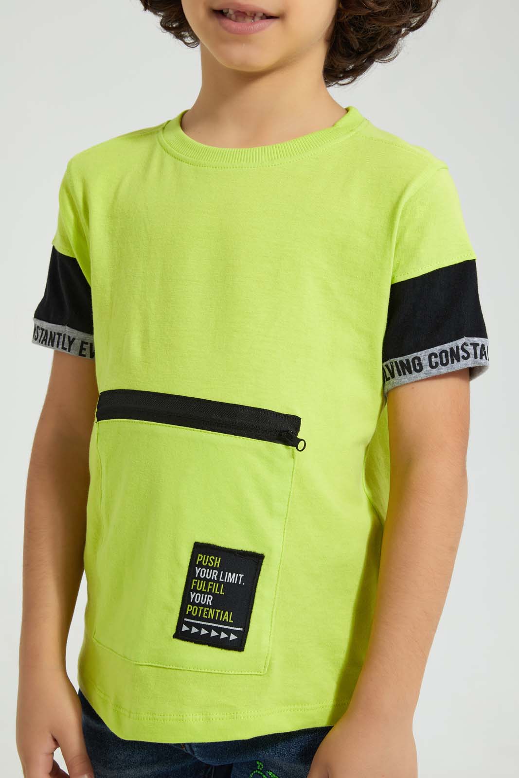 Redtag-Lime-Green-T-Shirt-With-Zipper-Pocket-All-Over-Prints-Boys-2 to 8 Years