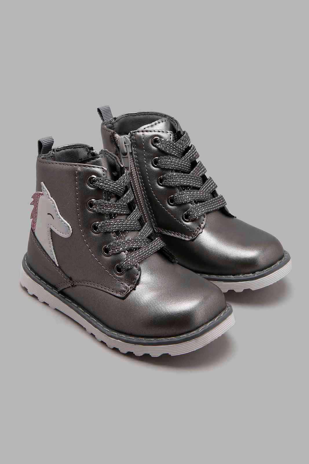 Redtag-Grey-Unicorn-High-Top-Boot-Character,-Colour:Mid-Grey,-Filter:Girls-Footwear-(1-to-3-Yrs),-ING-Boots,-New-In,-New-In-ING-FOO,-Non-Sale,-W21B-Infant-Girls-1 to 3 Years