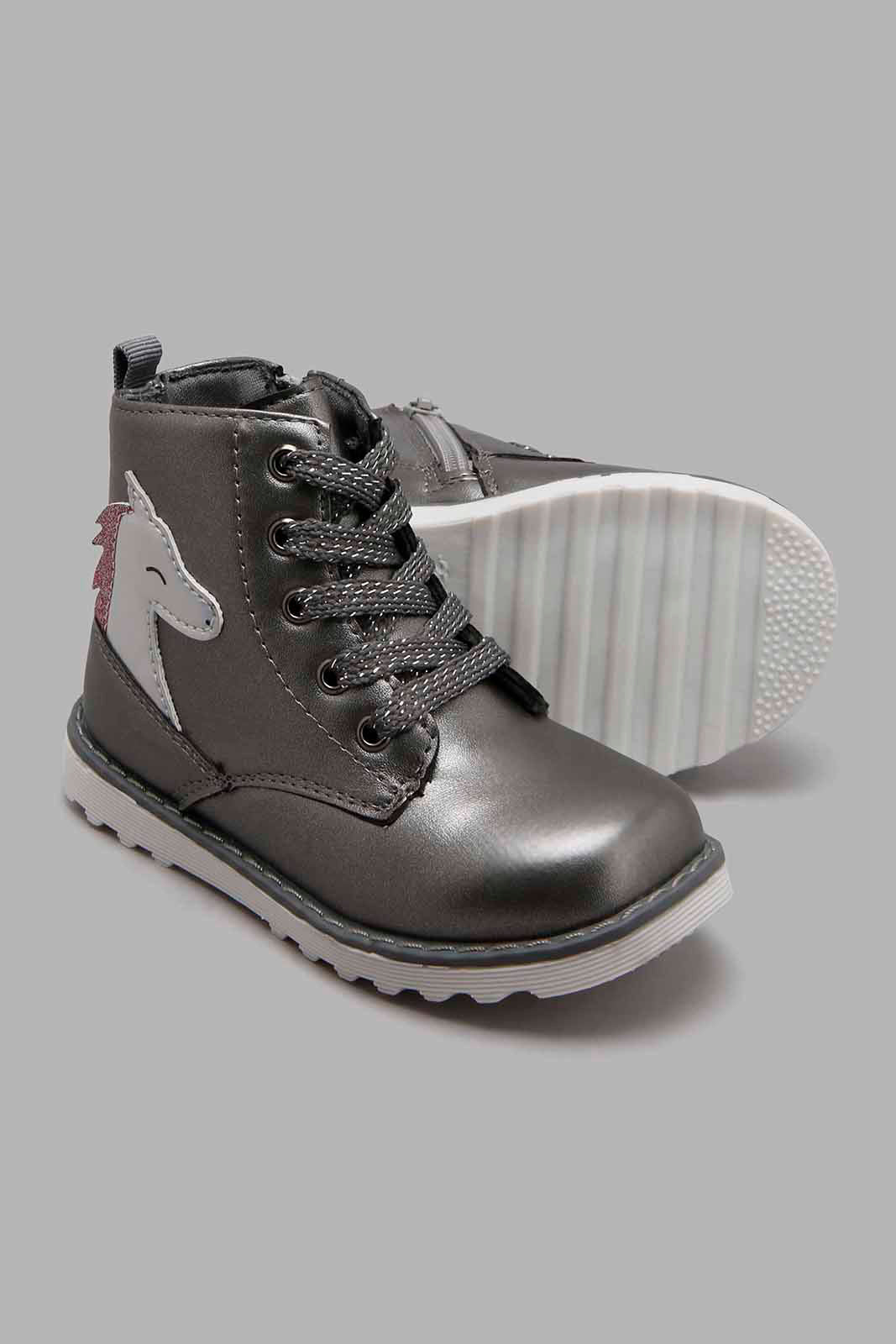 Redtag-Grey-Unicorn-High-Top-Boot-Character,-Colour:Mid-Grey,-Filter:Girls-Footwear-(1-to-3-Yrs),-ING-Boots,-New-In,-New-In-ING-FOO,-Non-Sale,-W21B-Infant-Girls-1 to 3 Years