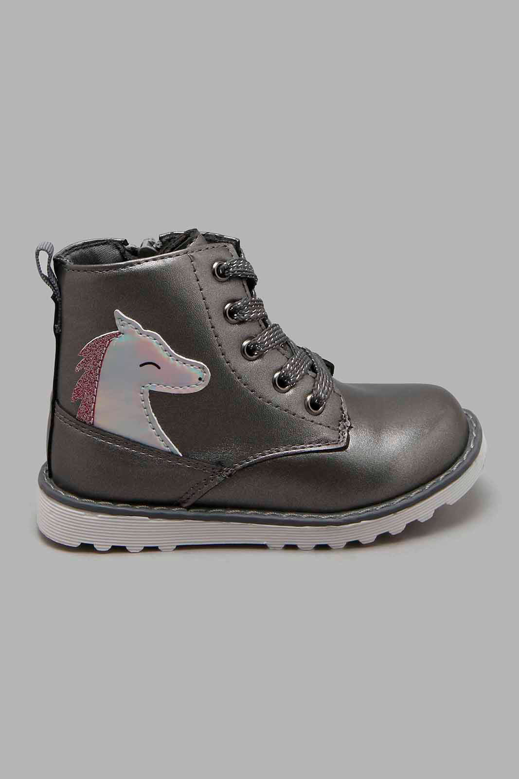 Redtag-Grey-Unicorn-High-Top-Boot-Character,-Colour:Mid-Grey,-Filter:Girls-Footwear-(1-to-3-Yrs),-ING-Boots,-New-In,-New-In-ING-FOO,-Non-Sale,-W21B-Infant-Girls-1 to 3 Years