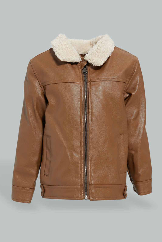 Redtag-Brown-Sherpa-Lining-And-Collar-Pu-Jacket-Jackets-Infant-Boys-3 to 24 Months