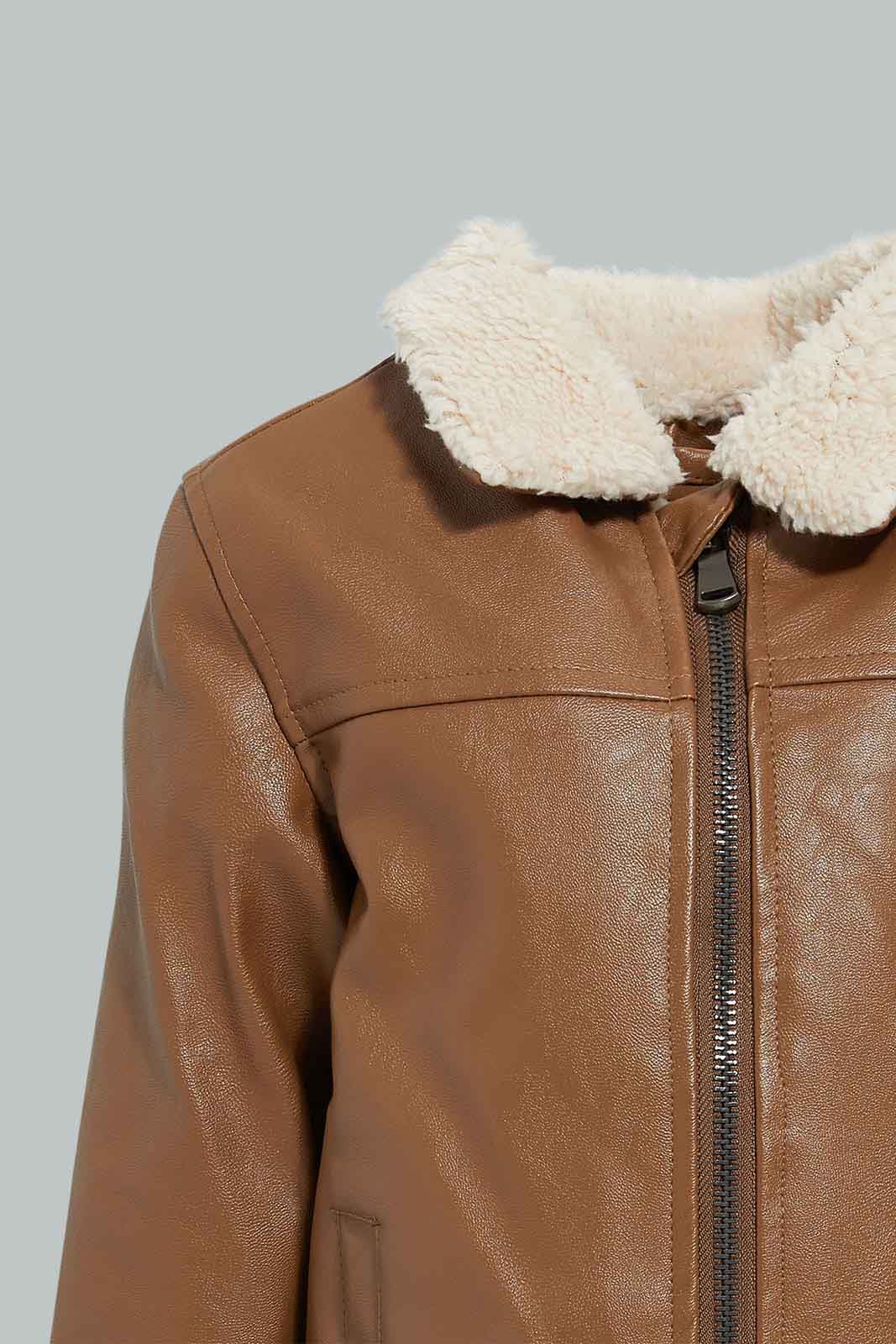 Redtag-Brown-Sherpa-Lining-And-Collar-Pu-Jacket-Jackets-Infant-Boys-3 to 24 Months