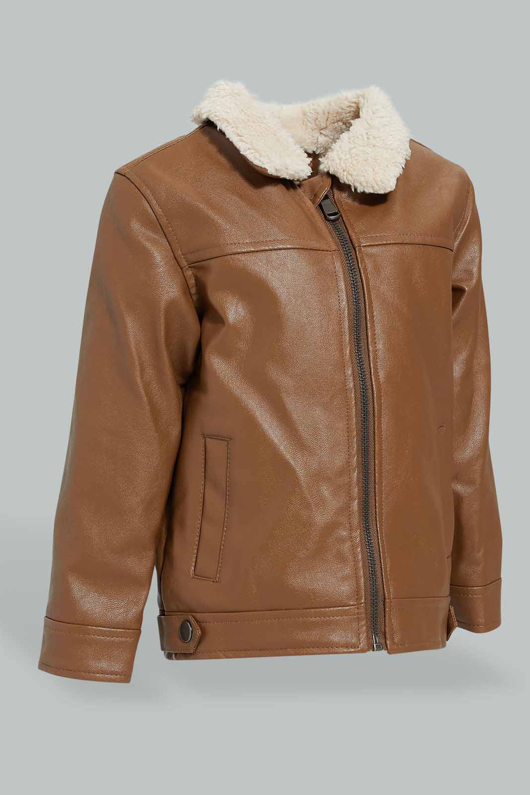 Redtag-Brown-Sherpa-Lining-And-Collar-Pu-Jacket-Jackets-Infant-Boys-3 to 24 Months
