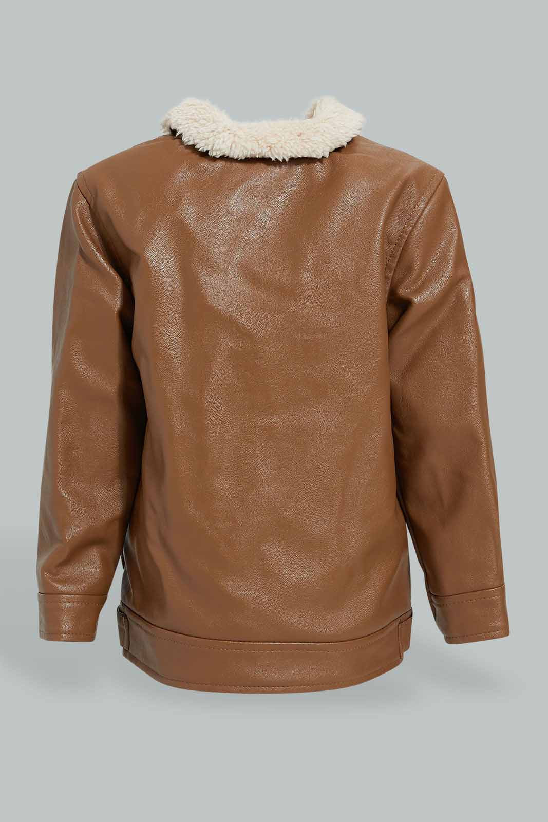 Redtag-Brown-Sherpa-Lining-And-Collar-Pu-Jacket-Jackets-Infant-Boys-3 to 24 Months