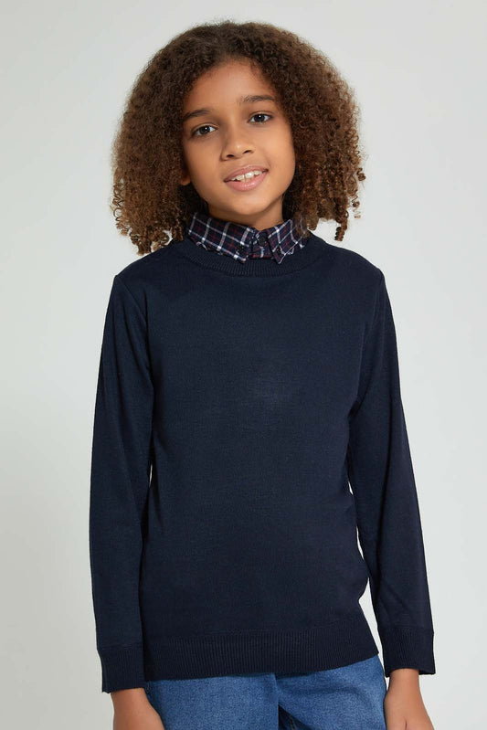 Navy Pullover With Shirt Collar