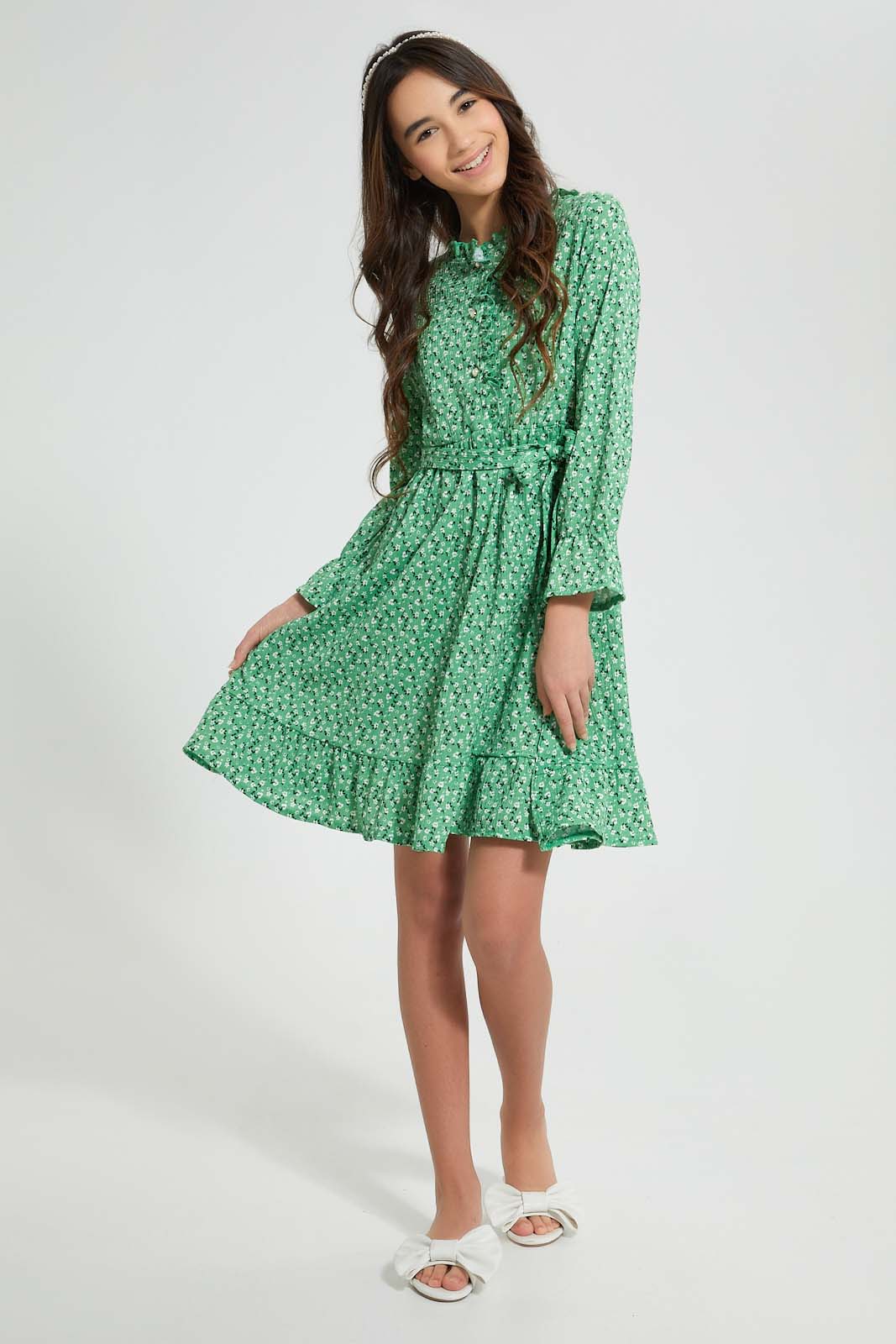 Redtag-Pink-Floral-Ditsy-Print-3/4-Sleeve-Ruffled-Front-Dress-Dresses-Senior-Girls-9 to 14 Years