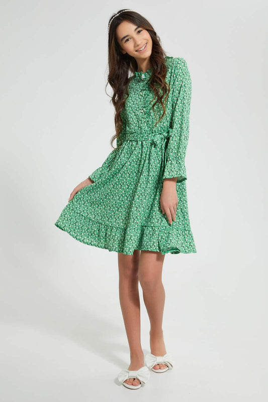 Redtag-Pink-Floral-Ditsy-Print-3/4-Sleeve-Ruffled-Front-Dress-Dresses-Senior-Girls-9 to 14 Years