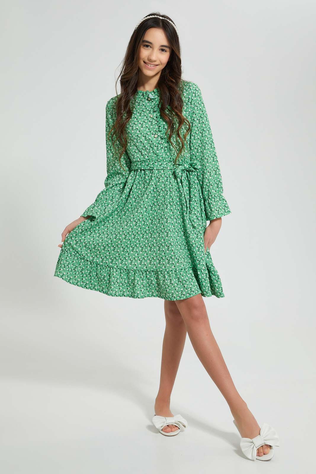 Redtag-Pink-Floral-Ditsy-Print-3/4-Sleeve-Ruffled-Front-Dress-Dresses-Senior-Girls-9 to 14 Years