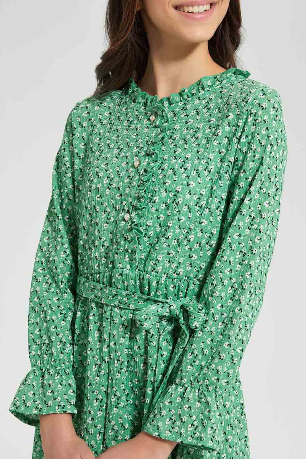 Redtag-Pink-Floral-Ditsy-Print-3/4-Sleeve-Ruffled-Front-Dress-Dresses-Senior-Girls-9 to 14 Years