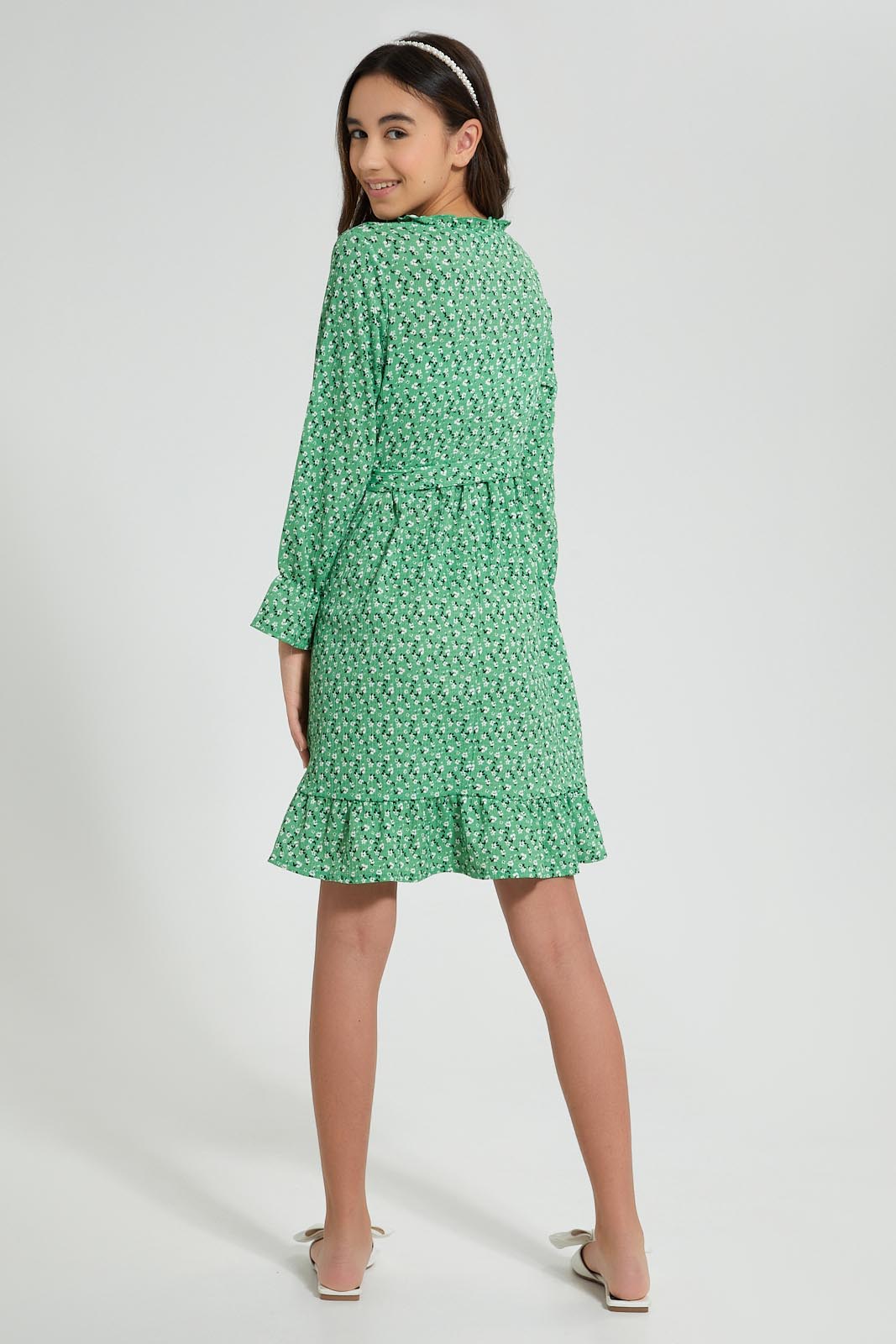 Redtag-Pink-Floral-Ditsy-Print-3/4-Sleeve-Ruffled-Front-Dress-Dresses-Senior-Girls-9 to 14 Years