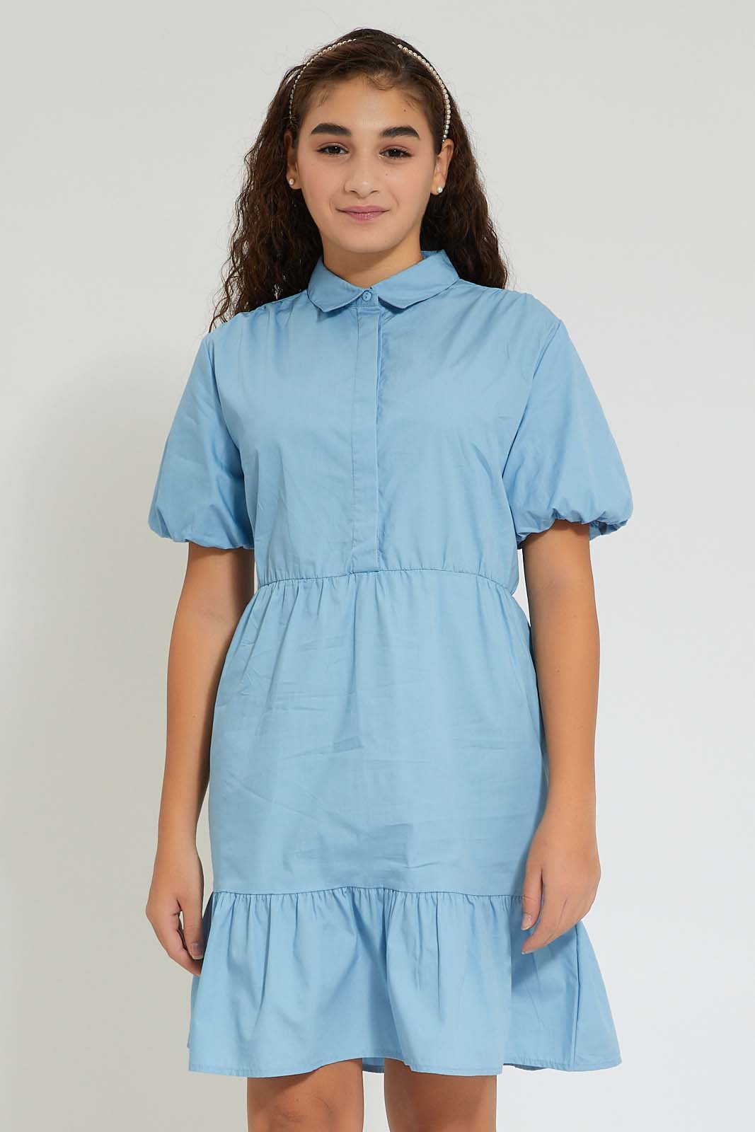 Redtag-Lt-Blue-Tiered-Puff-Sleeve-Poplin-Dress-Dresses-Senior-Girls-9 to 14 Years