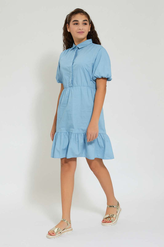 Redtag-Lt-Blue-Tiered-Puff-Sleeve-Poplin-Dress-Dresses-Senior-Girls-9 to 14 Years