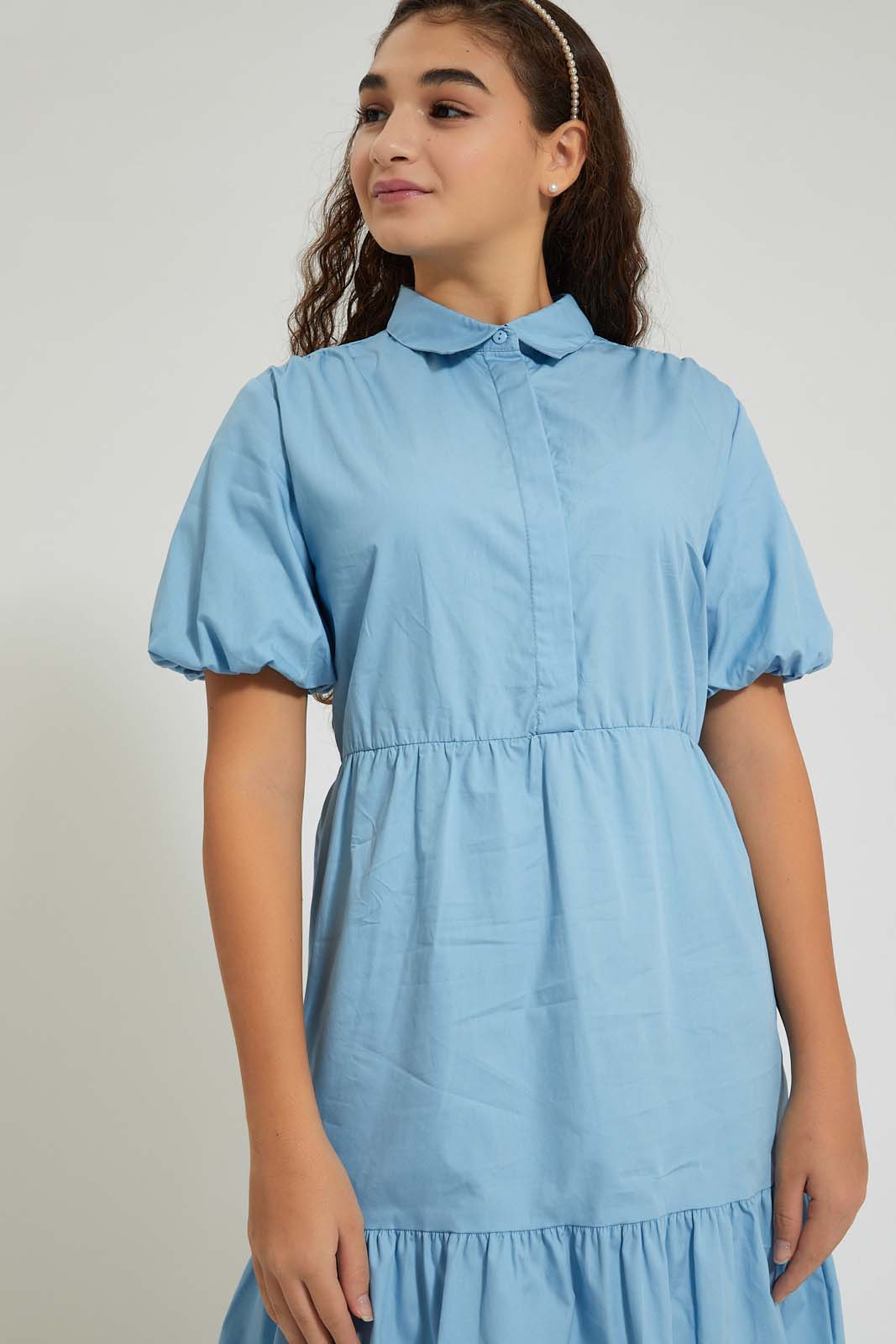 Redtag-Lt-Blue-Tiered-Puff-Sleeve-Poplin-Dress-Dresses-Senior-Girls-9 to 14 Years