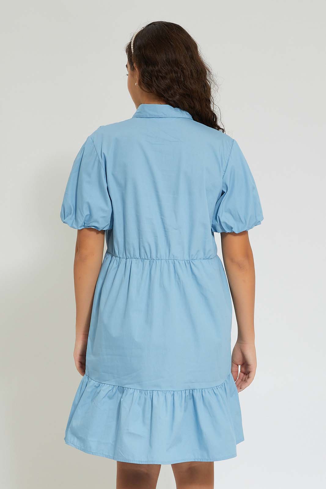 Redtag-Lt-Blue-Tiered-Puff-Sleeve-Poplin-Dress-Dresses-Senior-Girls-9 to 14 Years