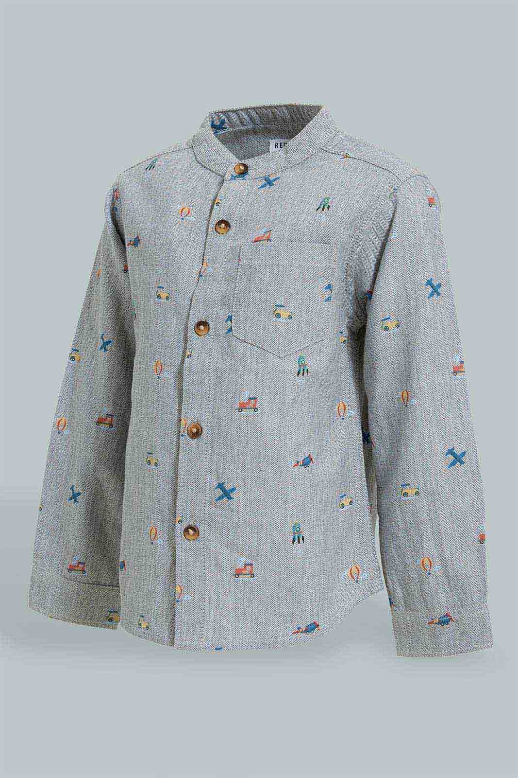Redtag-Grey-Printed-Mandarin-Shirts-Casual-Shirts-Infant-Boys-3 to 24 Months