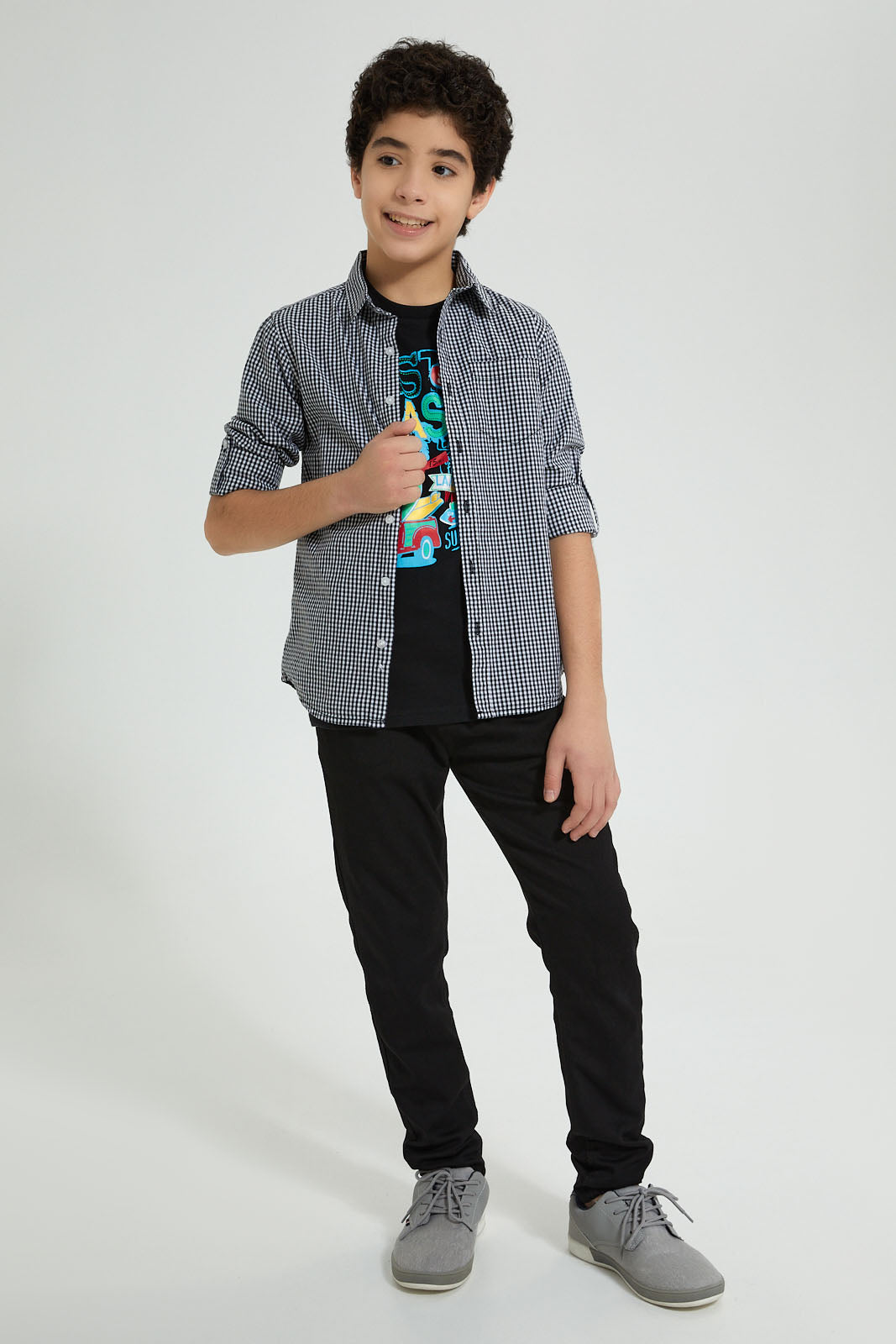 Redtag-Black-Check-With-T-Shirt-Casual-Shirts-Senior-Boys-9 to 14 Years
