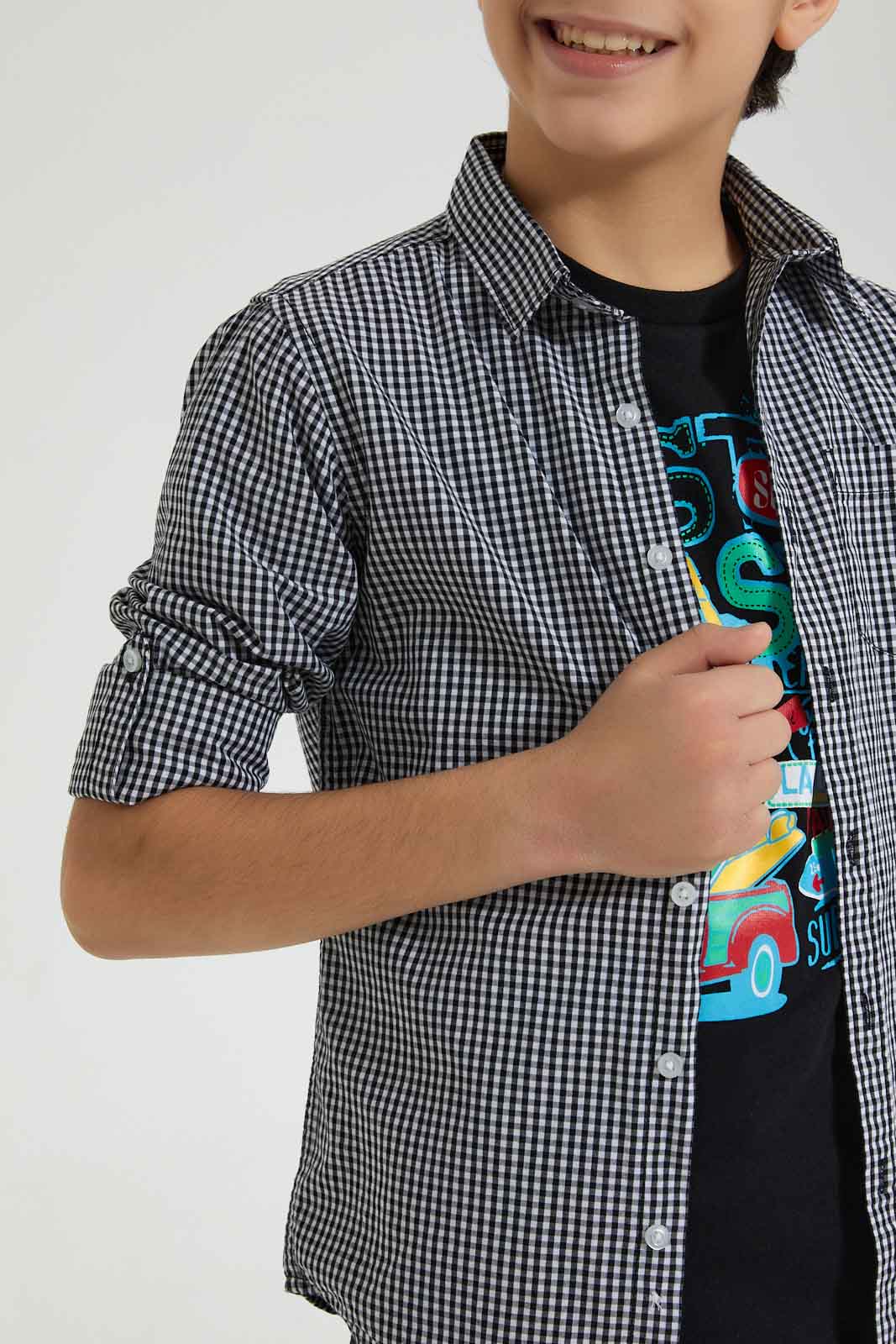 Redtag-Black-Check-With-T-Shirt-Casual-Shirts-Senior-Boys-9 to 14 Years