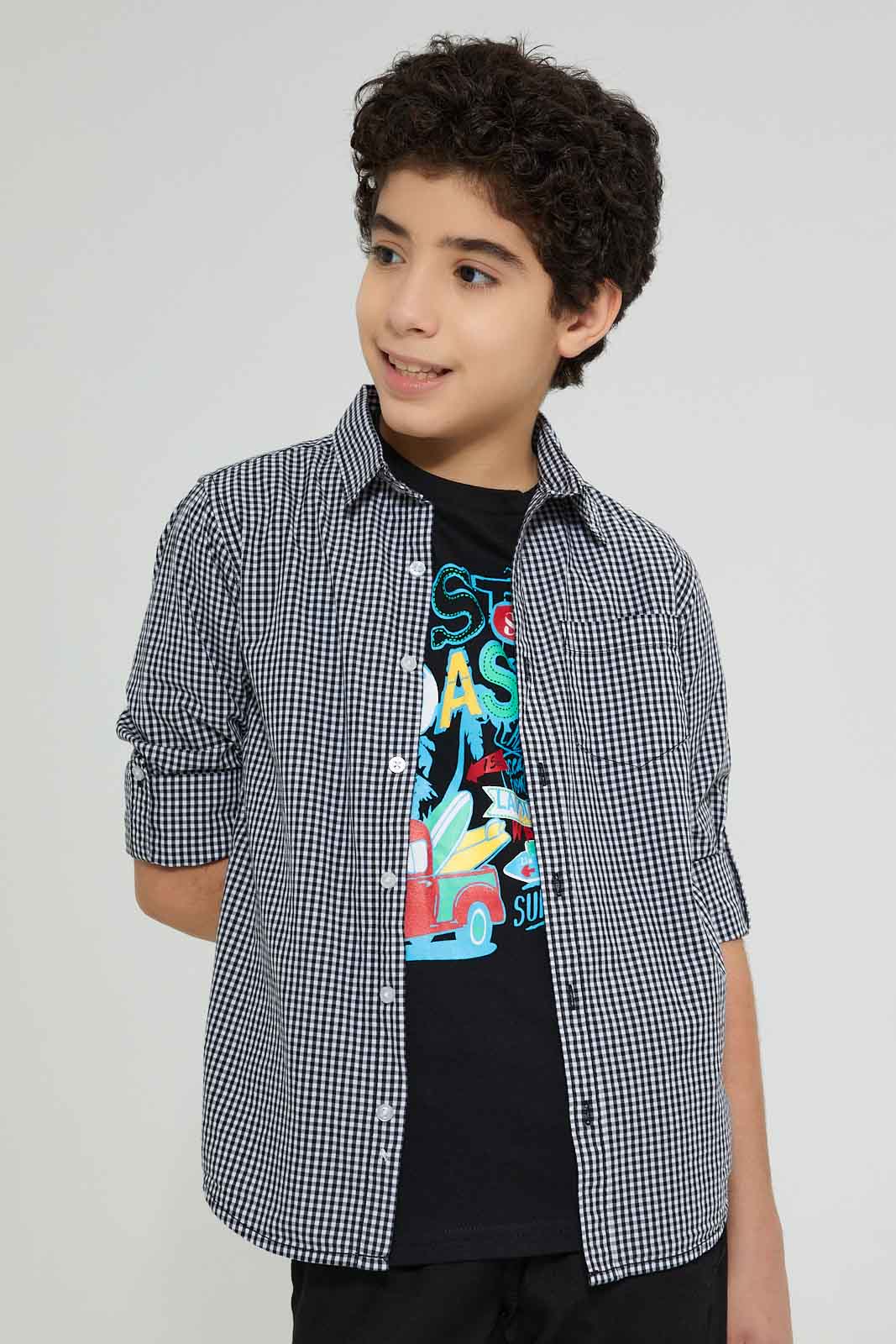 Redtag-Black-Check-With-T-Shirt-Casual-Shirts-Senior-Boys-9 to 14 Years