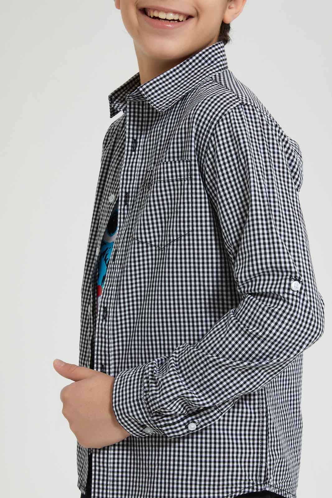 Redtag-Black-Check-With-T-Shirt-Casual-Shirts-Senior-Boys-9 to 14 Years