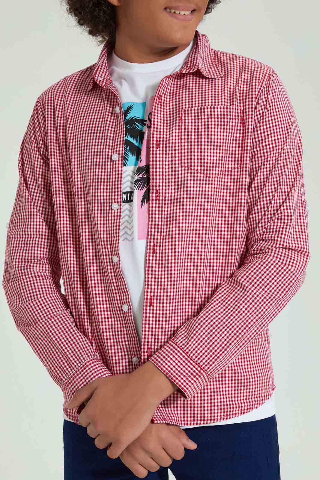 Redtag-Red-Check-With-T-Shirt-Casual-Shirts-Senior-Boys-9 to 14 Years