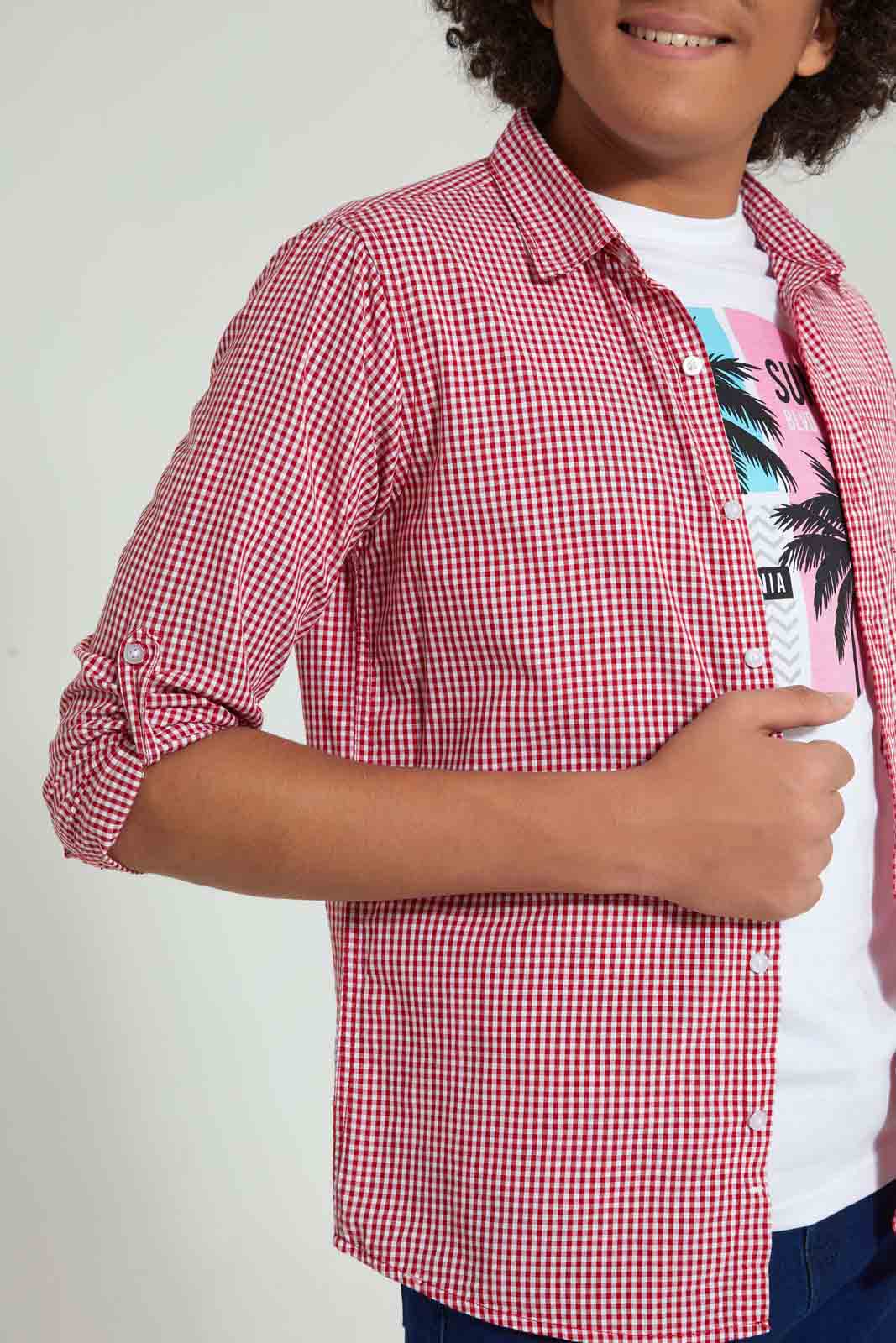 Redtag-Red-Check-With-T-Shirt-Casual-Shirts-Senior-Boys-9 to 14 Years
