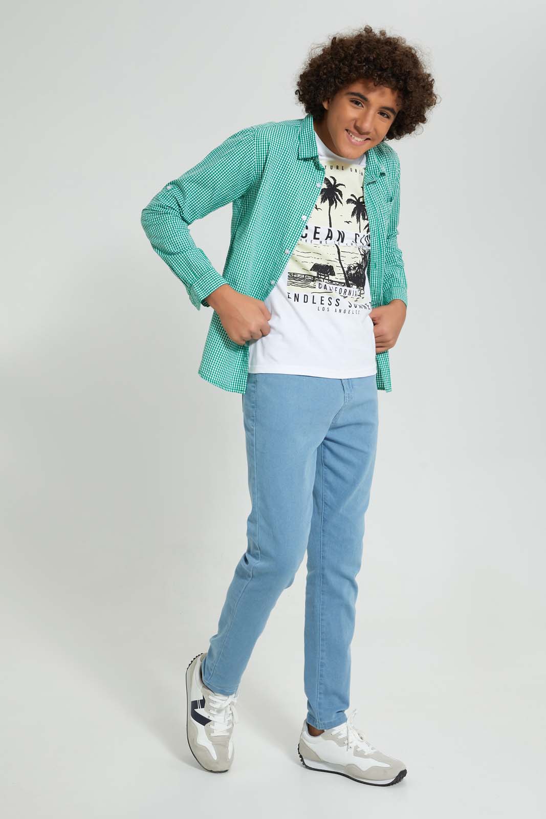 Redtag-Green-Check-With-T-Shirt-Casual-Shirts-Senior-Boys-9 to 14 Years