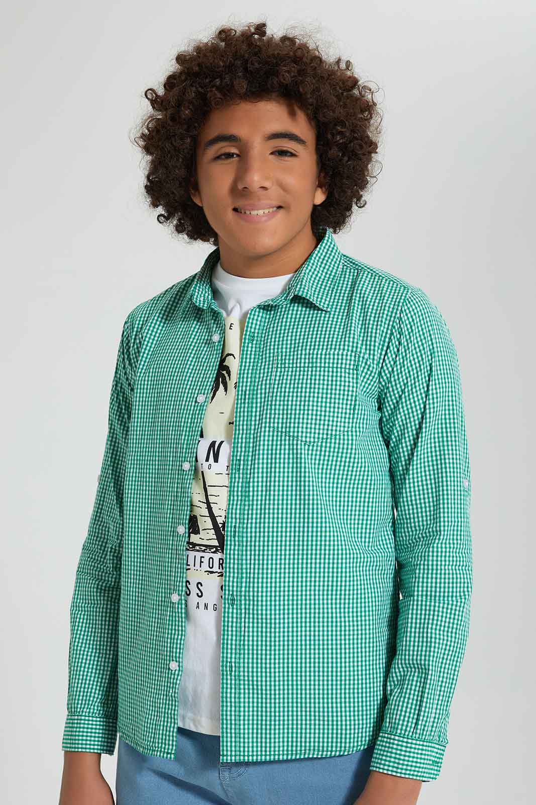 Green Checkered Shirt And White T-Shirt Set (2 Piece)