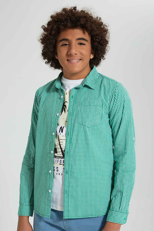 Green Checkered Shirt And White T-Shirt Set (2 Piece)