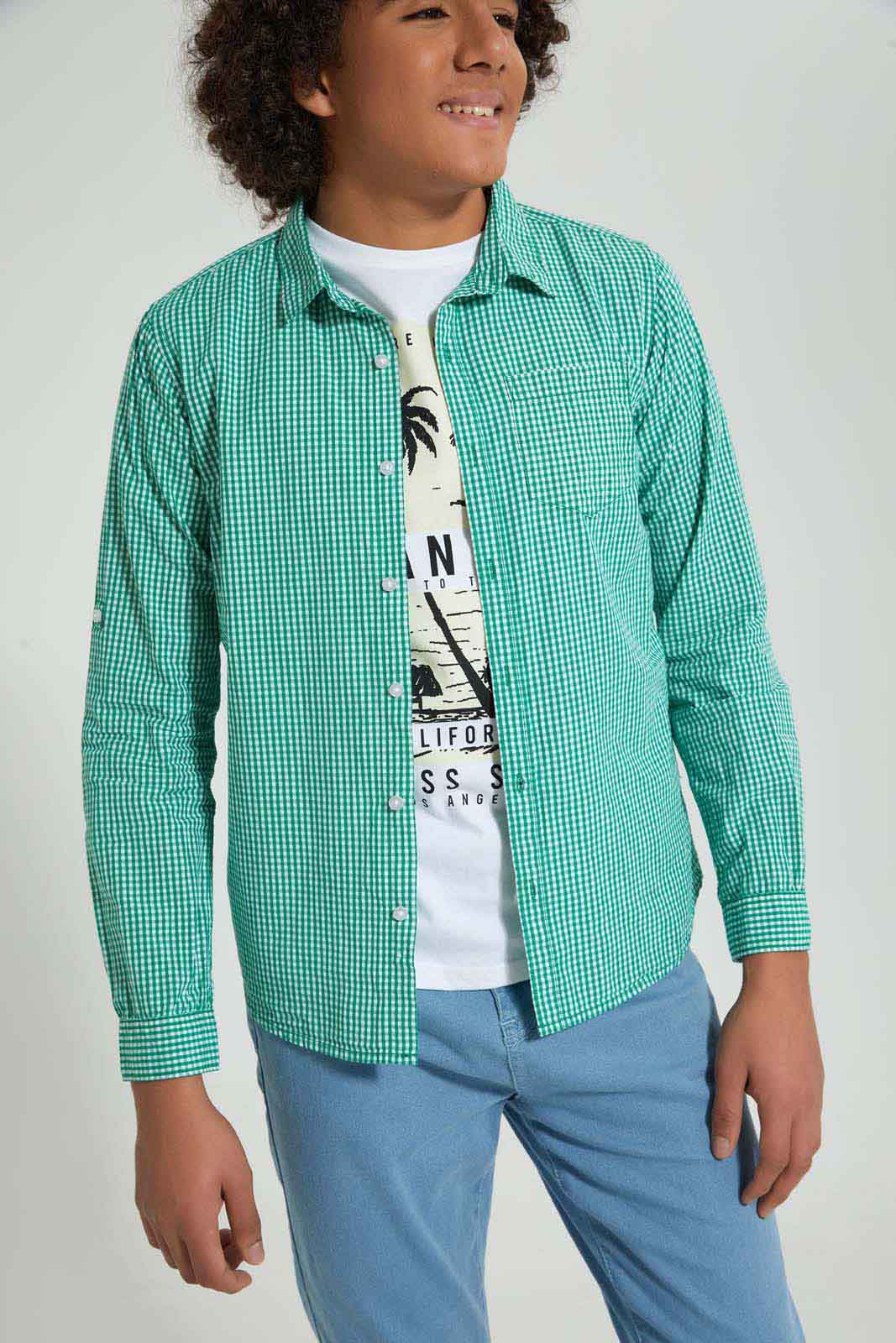 Redtag-Green-Check-With-T-Shirt-Casual-Shirts-Senior-Boys-9 to 14 Years