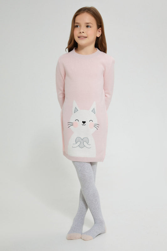 Redtag-Assorted-Cat-Embroidery-Sweater-Dress-Dresses-Girls-2 to 8 Years