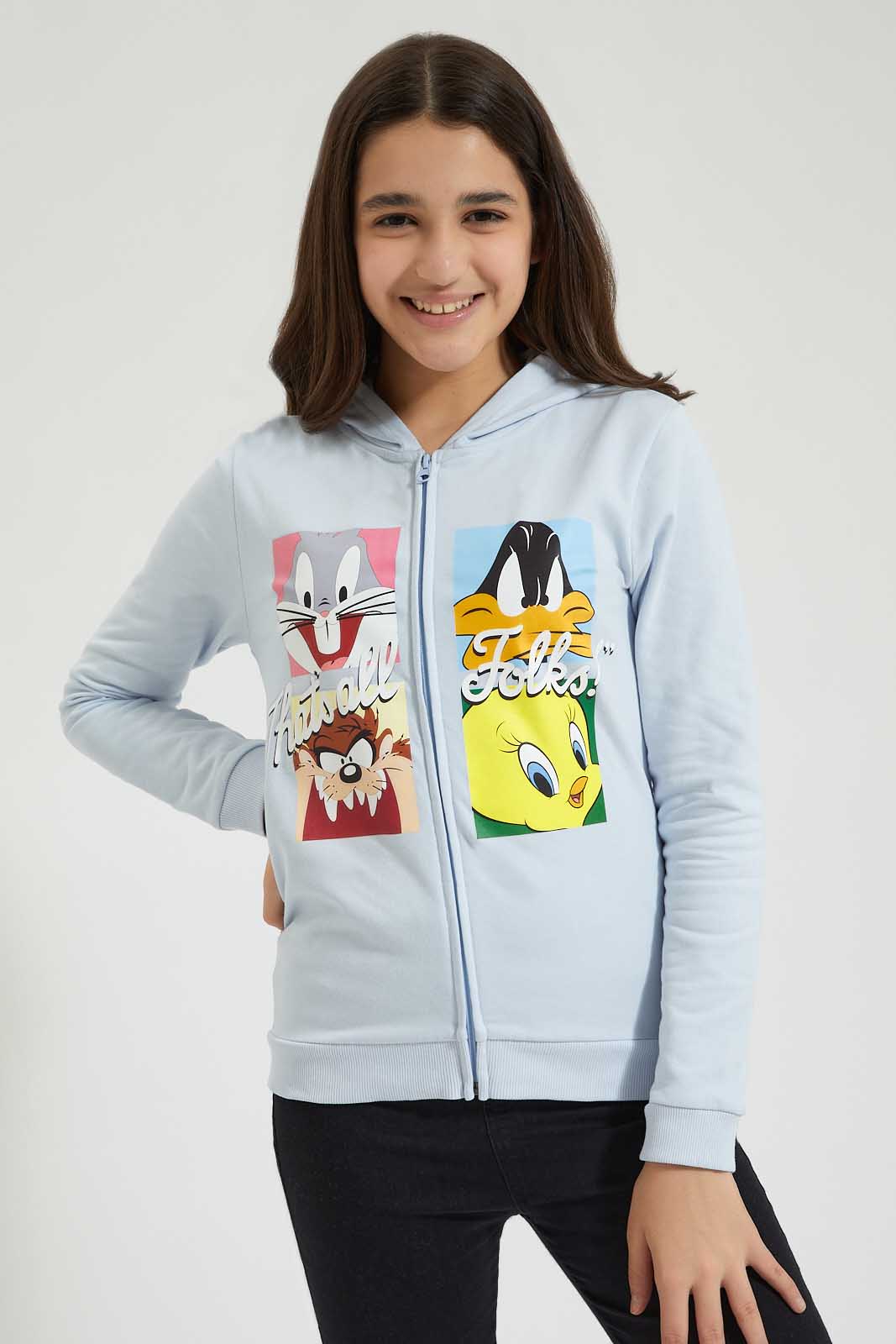 Redtag-Light-Blue-Chr-Looney-Tunes--Hooded-Zipthrough-Sweatshirt-Colour:Blue,-Filter:Senior-Girls-(9-to-14-Yrs),-GSR-Sweatshirts,-New-In,-New-In-GSR,-Non-Sale,-Section:Kidswear,-TBL,-W21B-Senior-Girls-9 to 14 Years